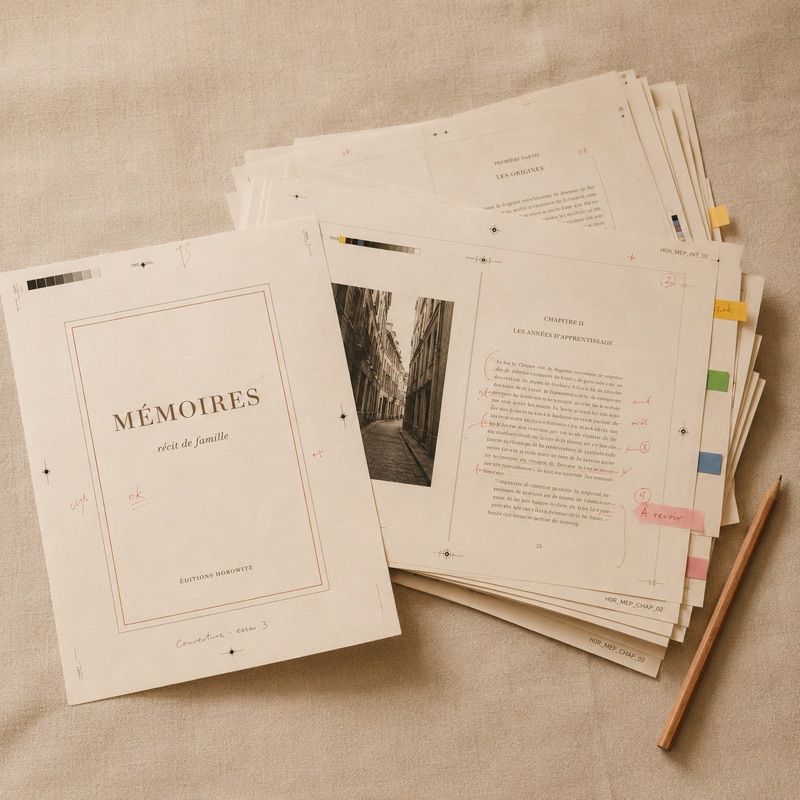 Épreuves et maquette du livre avec marques de correction