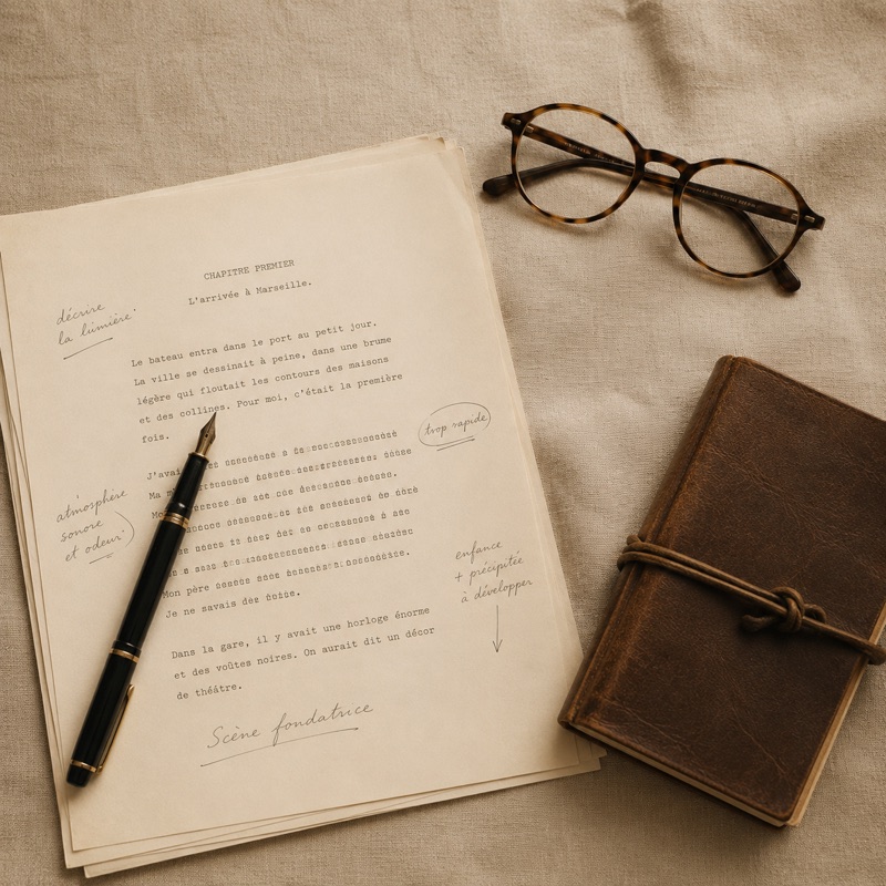 Stylo plume sur un manuscrit annoté