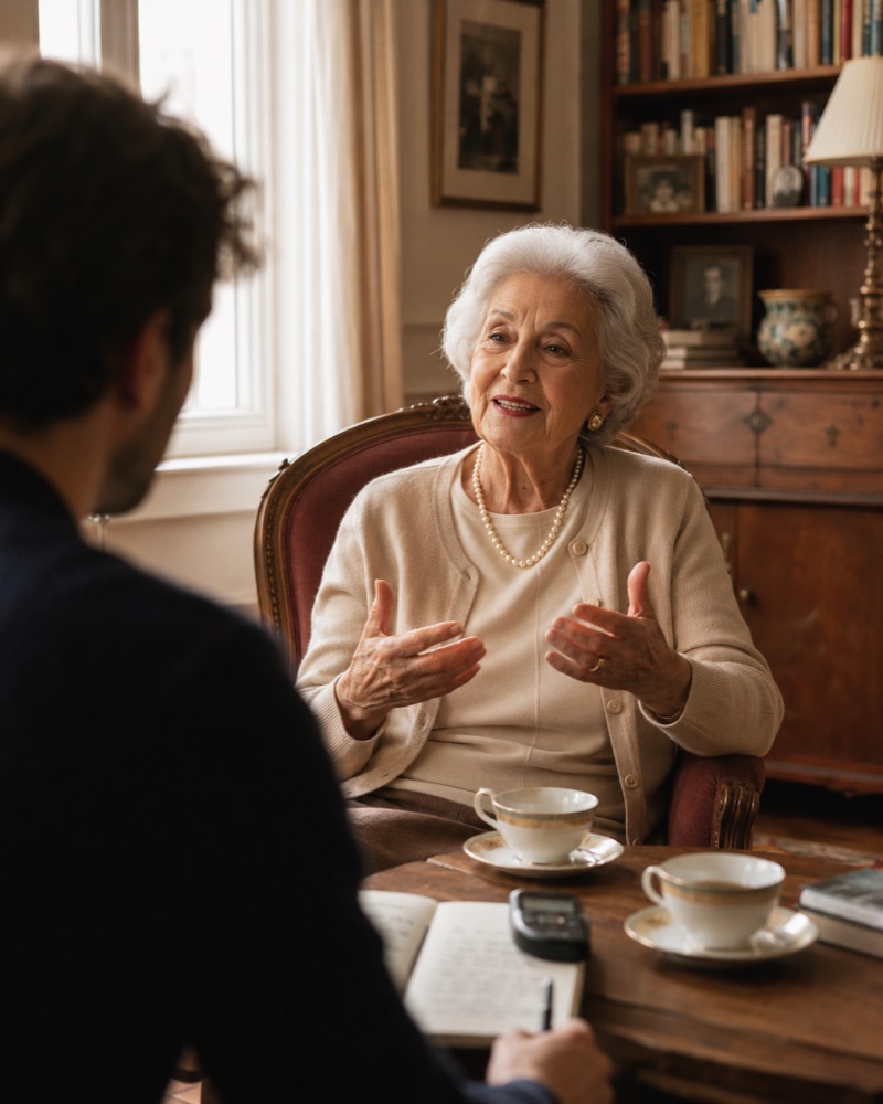 Rédacteur menant un entretien à domicile avec une grand-mère